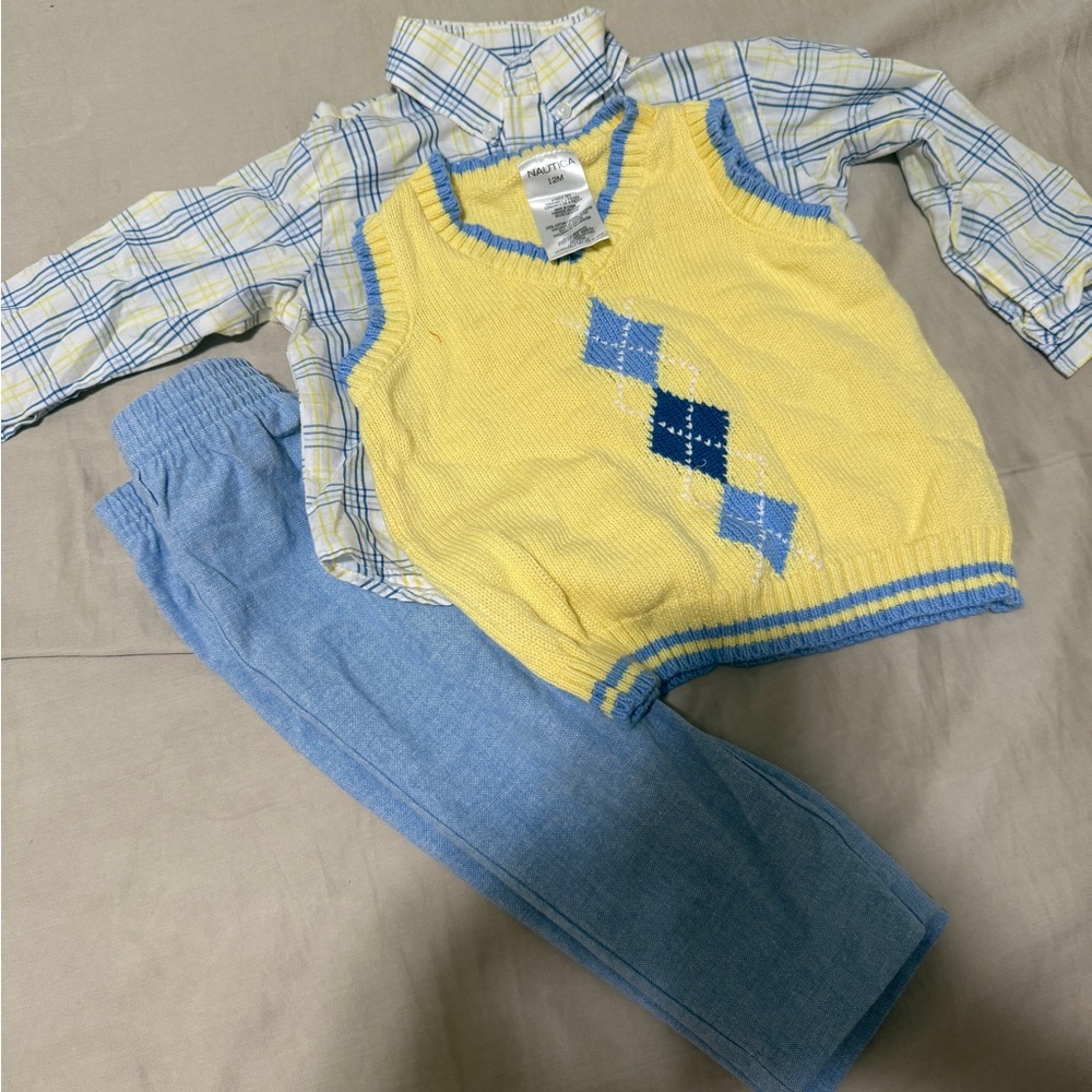 Yellow Argyle Sweater Vest with Blue Plaid Shirt and Pants Set